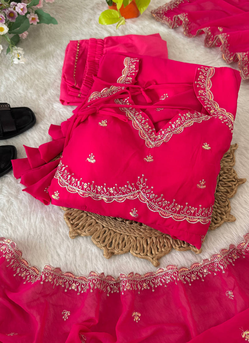 Faux Georgette Rani Pink Festival Wear Embroidery Work Readymade Anarkali Gown 385965