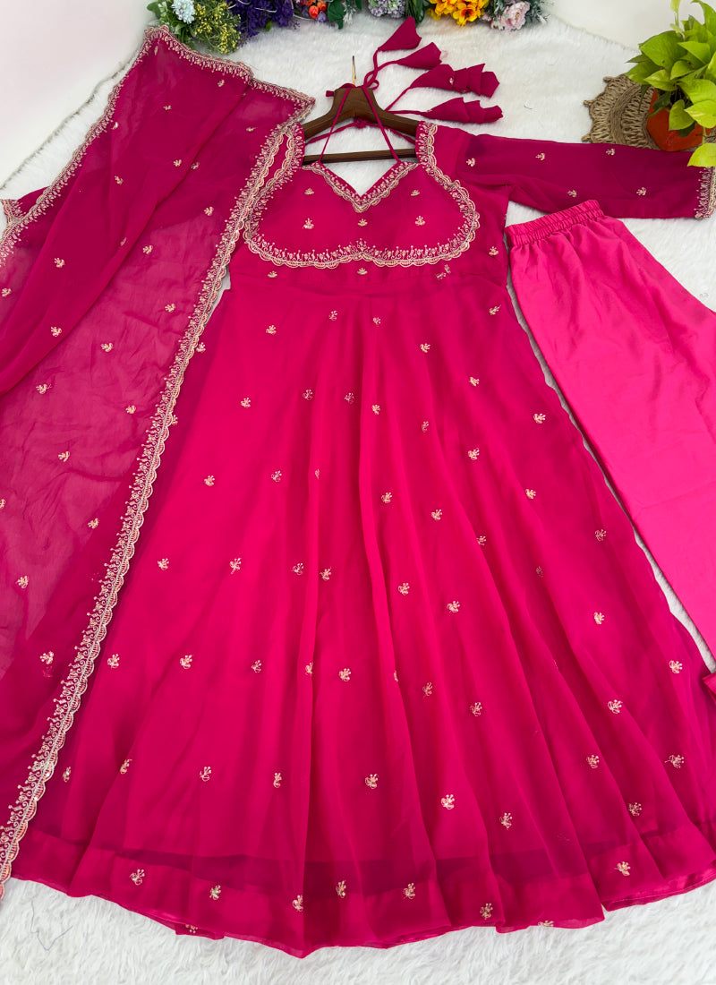 Faux Georgette Rani Pink Festival Wear Embroidery Work Readymade Anarkali Gown 385965