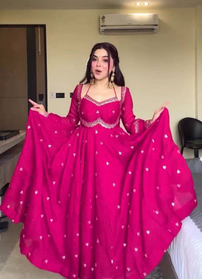 Faux Georgette Rani Pink Festival Wear Embroidery Work Readymade Anarkali Gown 385965