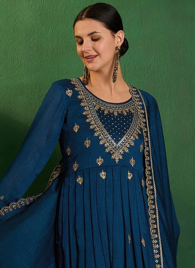 Vichitra Silk Navy Blue Festival Wear Sequins Work Readymade Anarkali Suit 386904