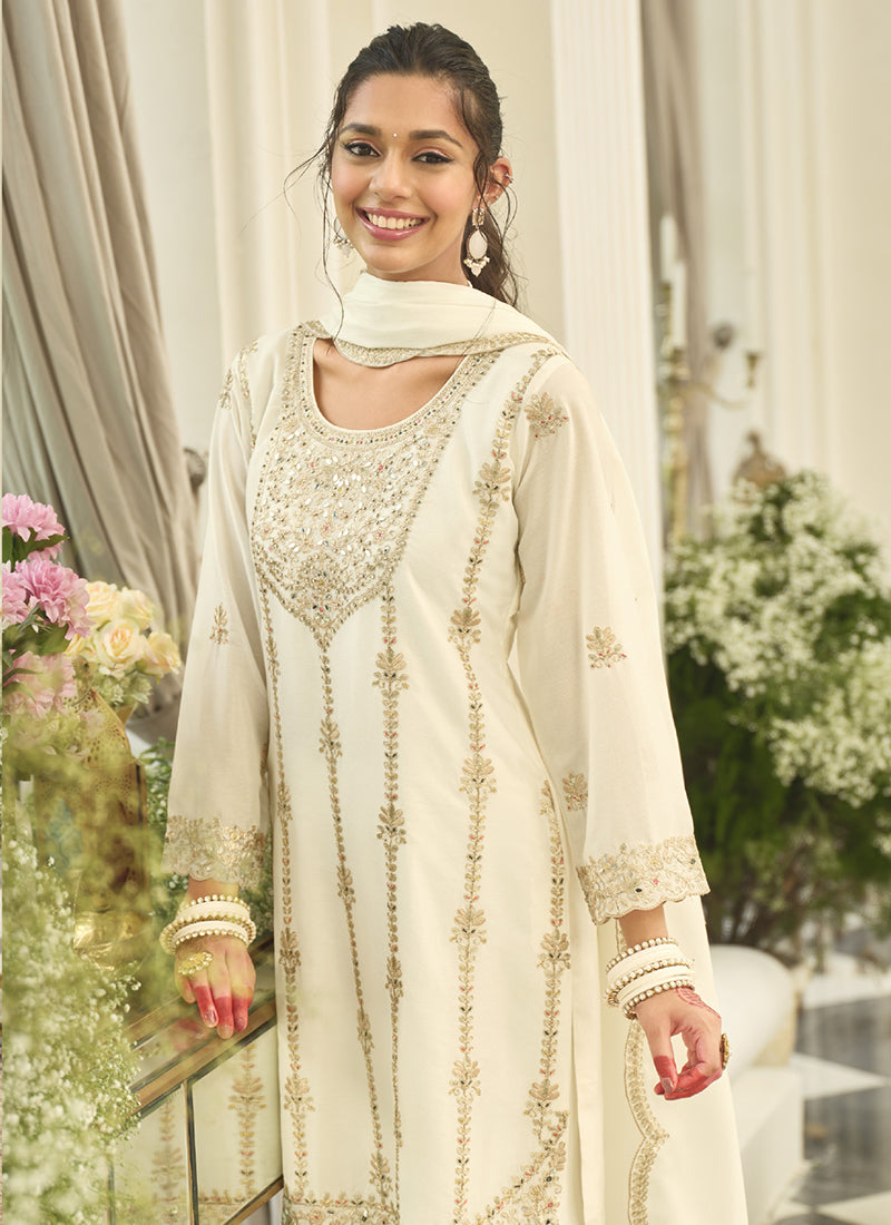 White Chinon Sequins Work Party Wear Readymade Plazzo Suit SW710309