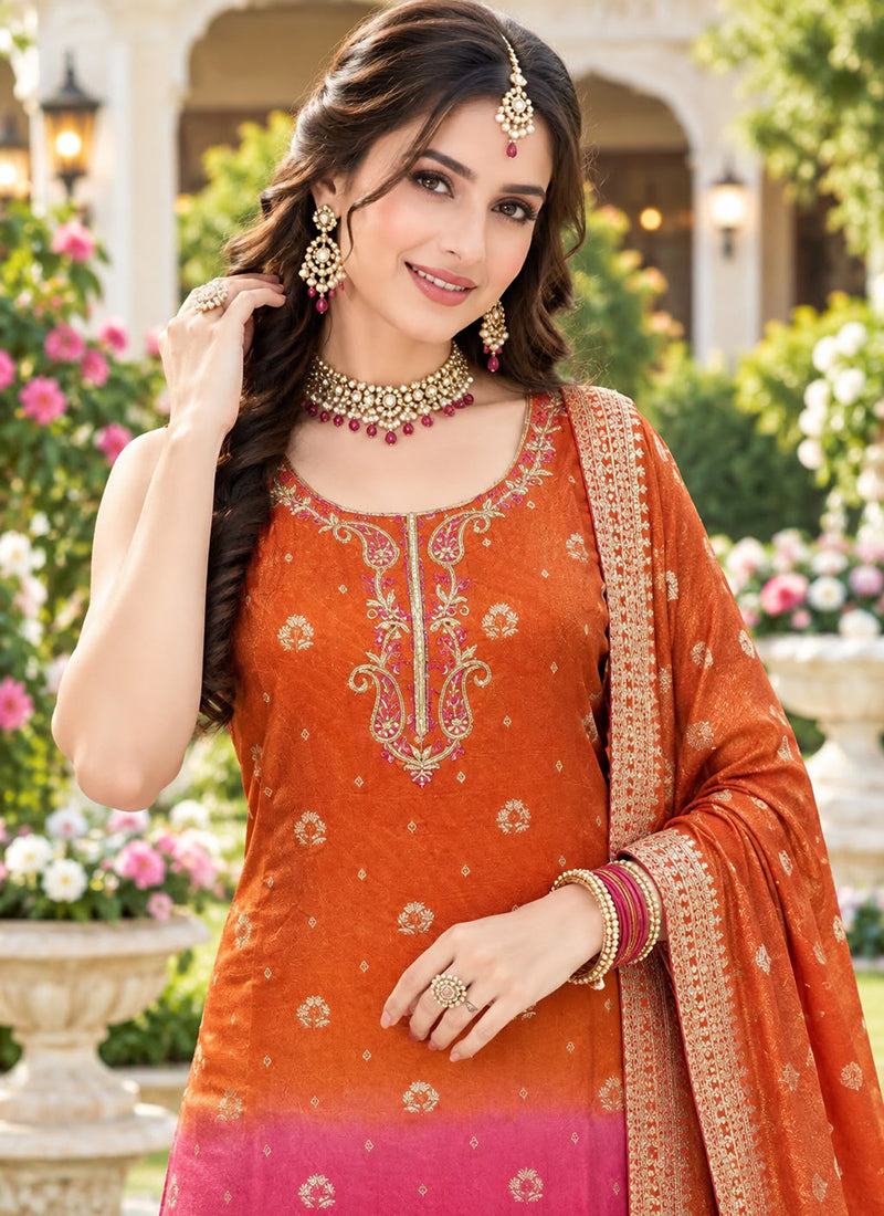 Multicolor Tissue Silk Embroidery Work Occasional Wear Readymade Palazzo Suit SW917296