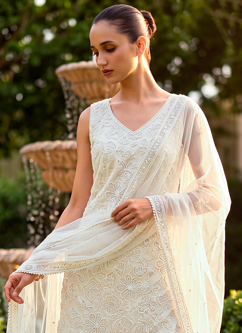 Off White Georgette Thread Work Wedding Wear Readymade Plazzo Suit SW406026