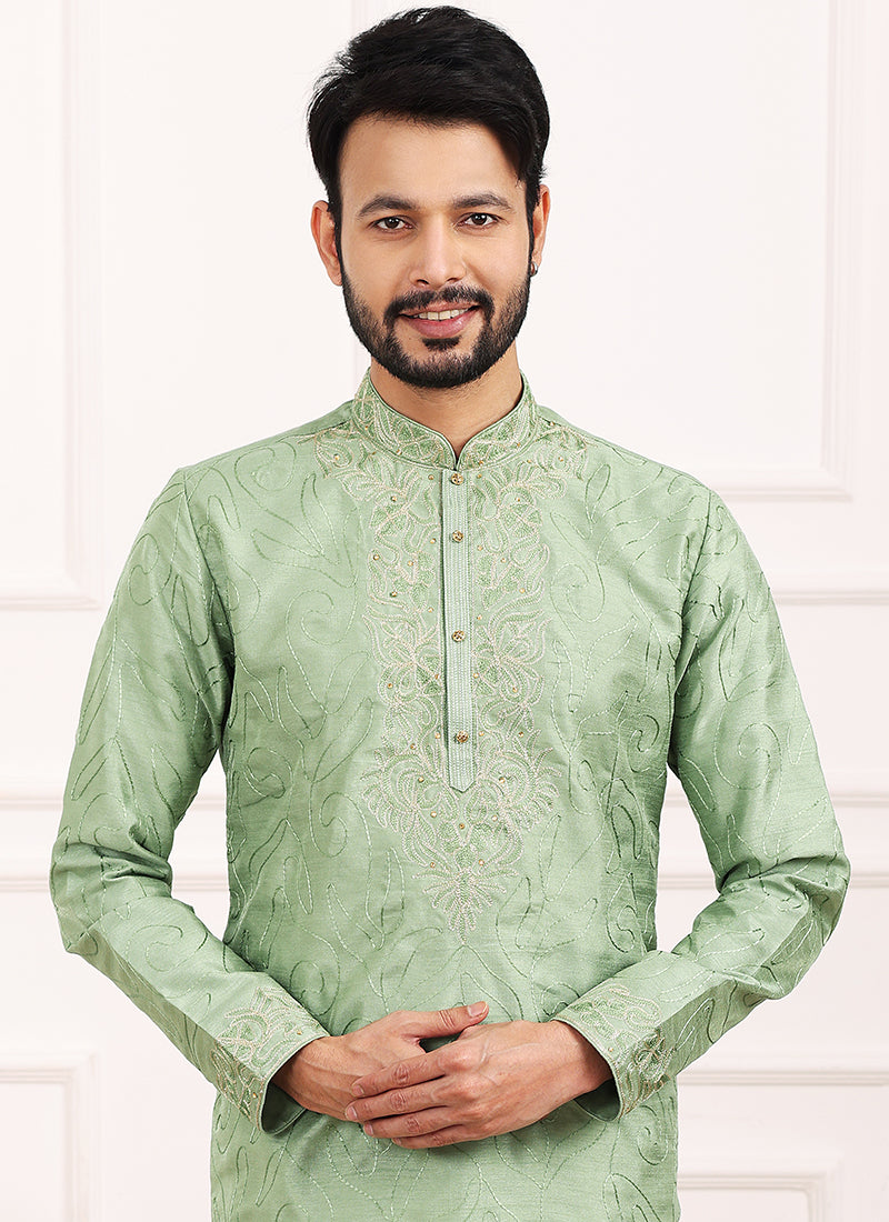 Green Art Banarasi Silk Festival Wear Thread Work Kurta Pajama 327705