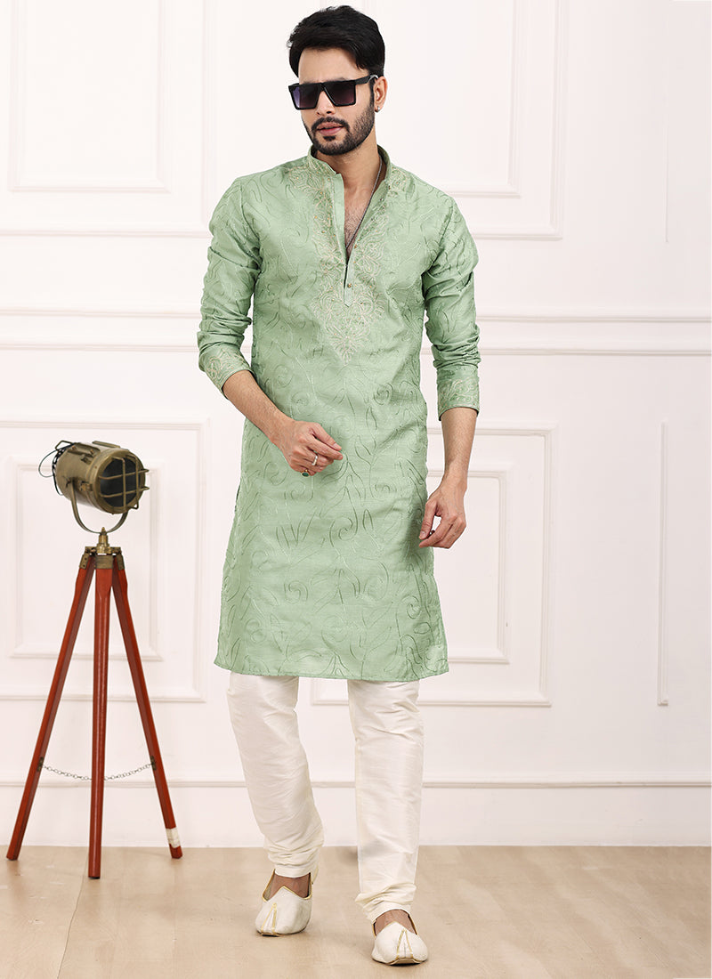 Green Art Banarasi Silk Festival Wear Thread Work Kurta Pajama 327705