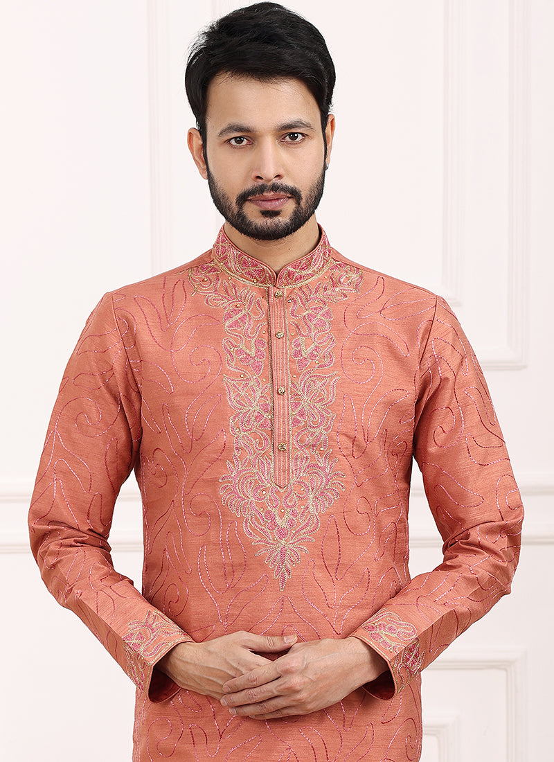 Peach Art Banarasi Silk Festival Wear Thread Work Kurta Pajama 327706