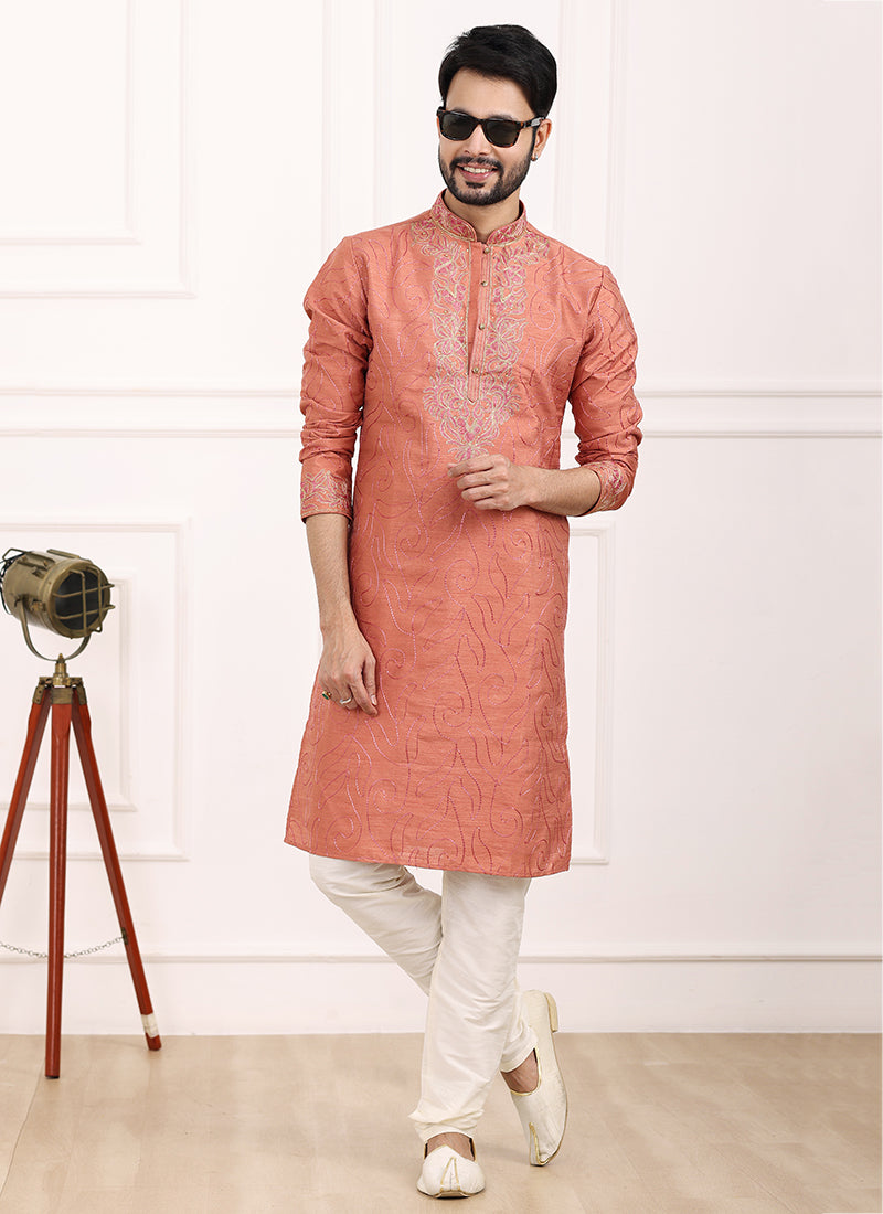 Peach Art Banarasi Silk Festival Wear Thread Work Kurta Pajama 327706