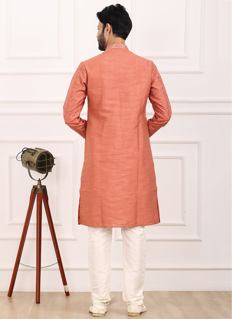 Peach Art Banarasi Silk Festival Wear Thread Work Kurta Pajama 327706