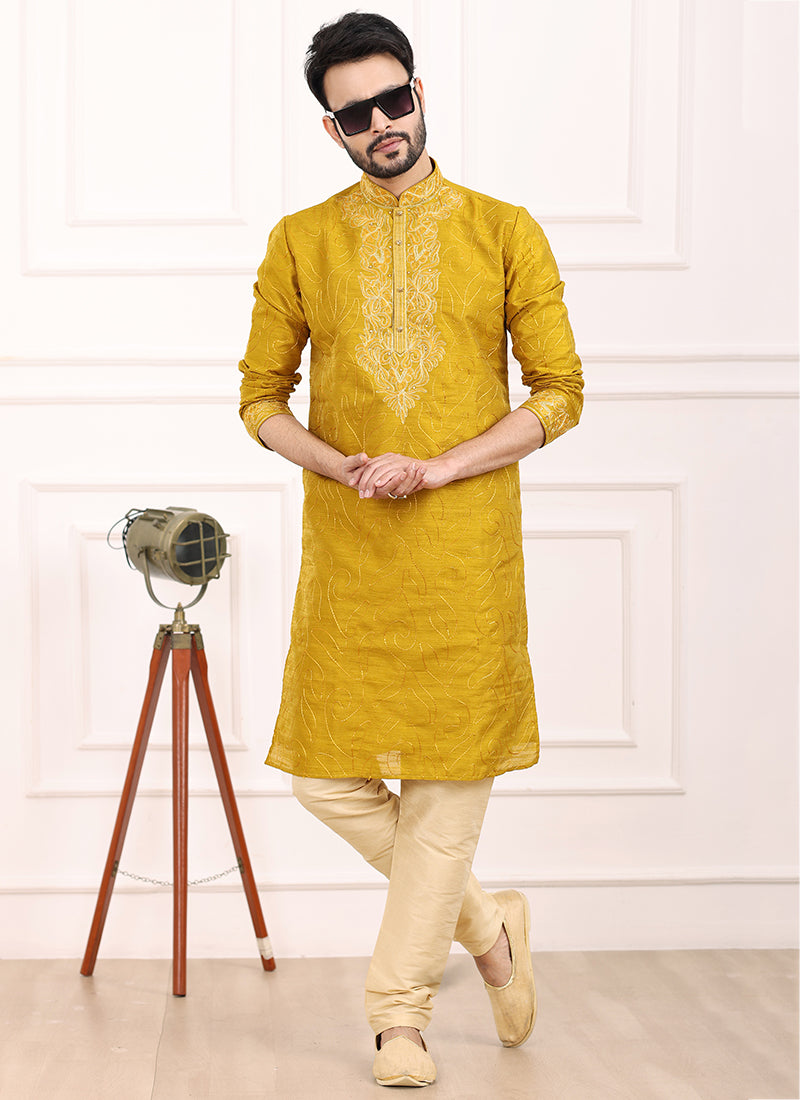 Mustard Art Banarasi Silk Festival Wear Thread Work Kurta Pajama 327707