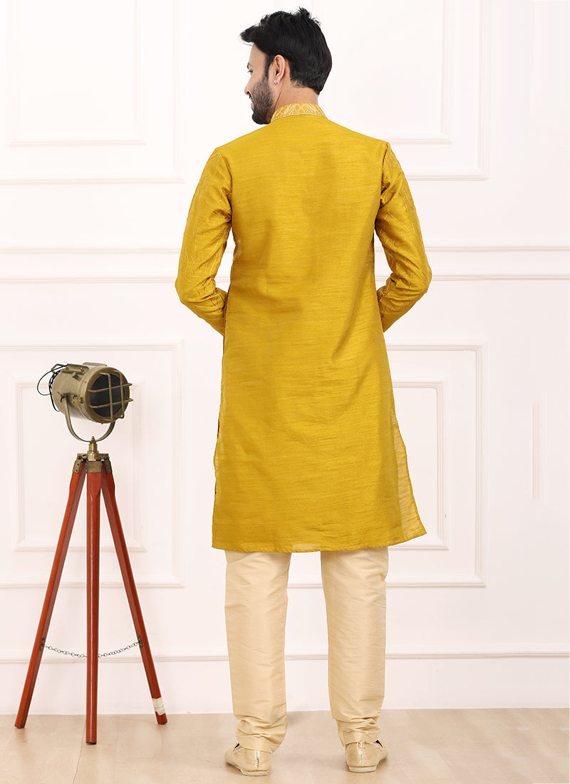Mustard Art Banarasi Silk Festival Wear Thread Work Kurta Pajama 327707