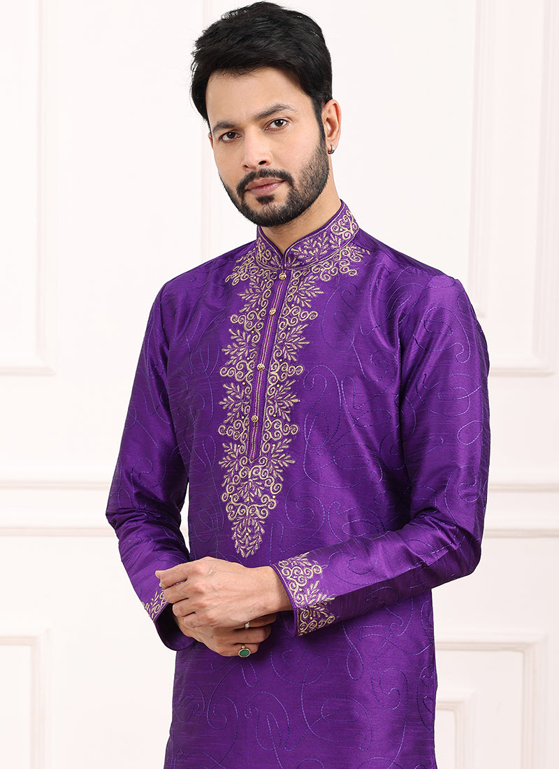 Magenta Art Banarasi Silk Festival Wear Thread Work Kurta Pajama 327708