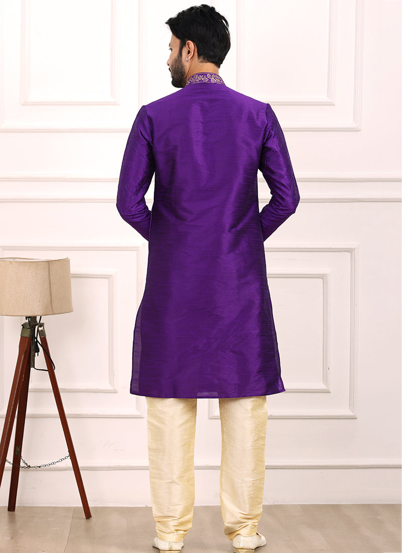 Magenta Art Banarasi Silk Festival Wear Thread Work Kurta Pajama 327708