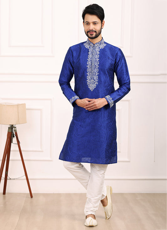 Blue Art Banarasi Silk Festival Wear Thread Work Kurta Pajama 327711