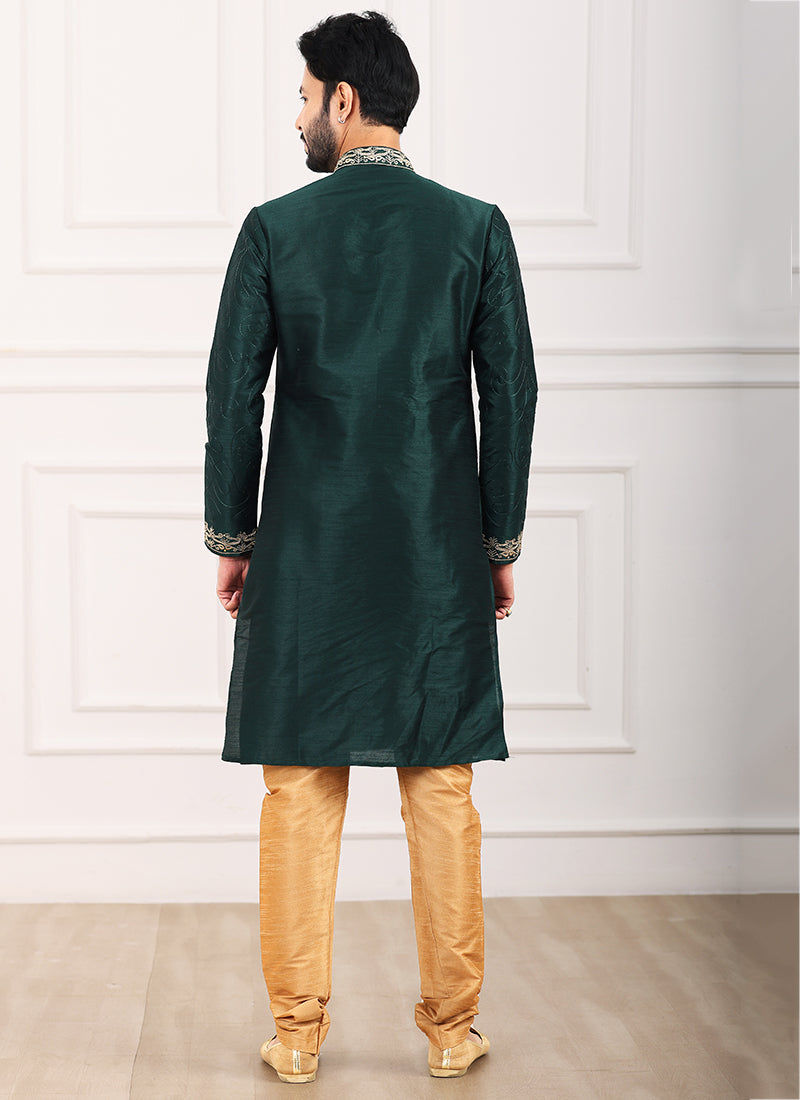 Green Art Banarasi Silk Festival Wear Thread Work Kurta Pajama 327712