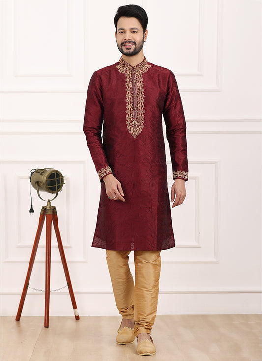 Wine Art Banarasi Silk Festival Wear Thread Work Kurta Pajama 327713