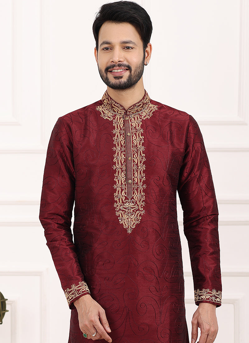 Wine Art Banarasi Silk Festival Wear Thread Work Kurta Pajama 327713