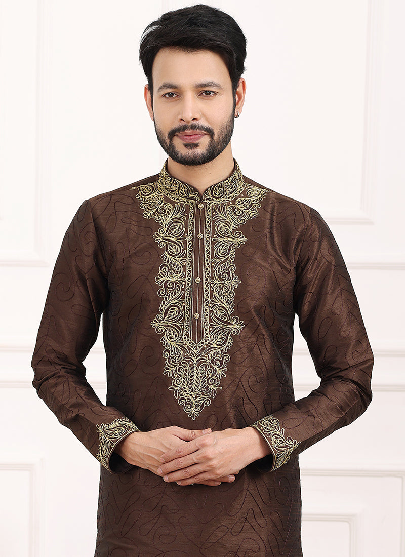 Brown Art Banarasi Silk Festival Wear Thread Work Kurta Pajama 327714