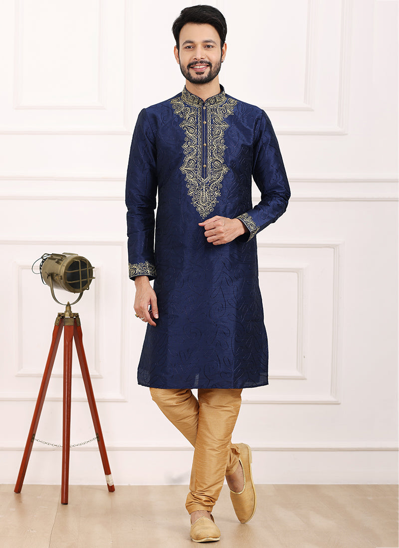 Blue Art Banarasi Silk Festival Wear Thread Work Kurta Pajama 327715