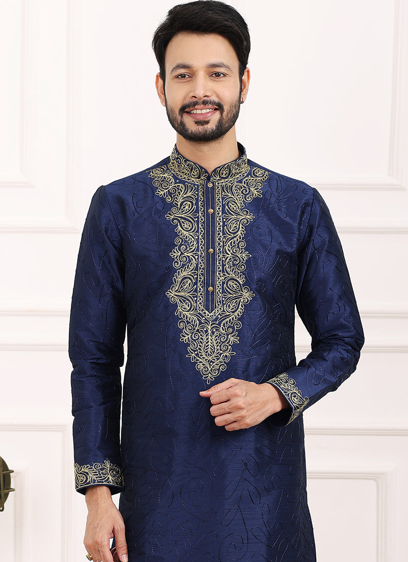 Blue Art Banarasi Silk Festival Wear Thread Work Kurta Pajama 327715