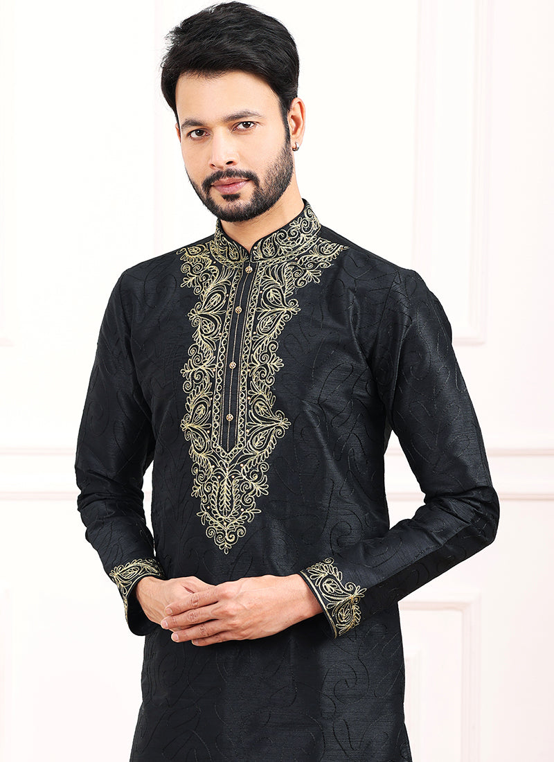 Black Art Banarasi Silk Festival Wear Thread Work Kurta Pajama 327716