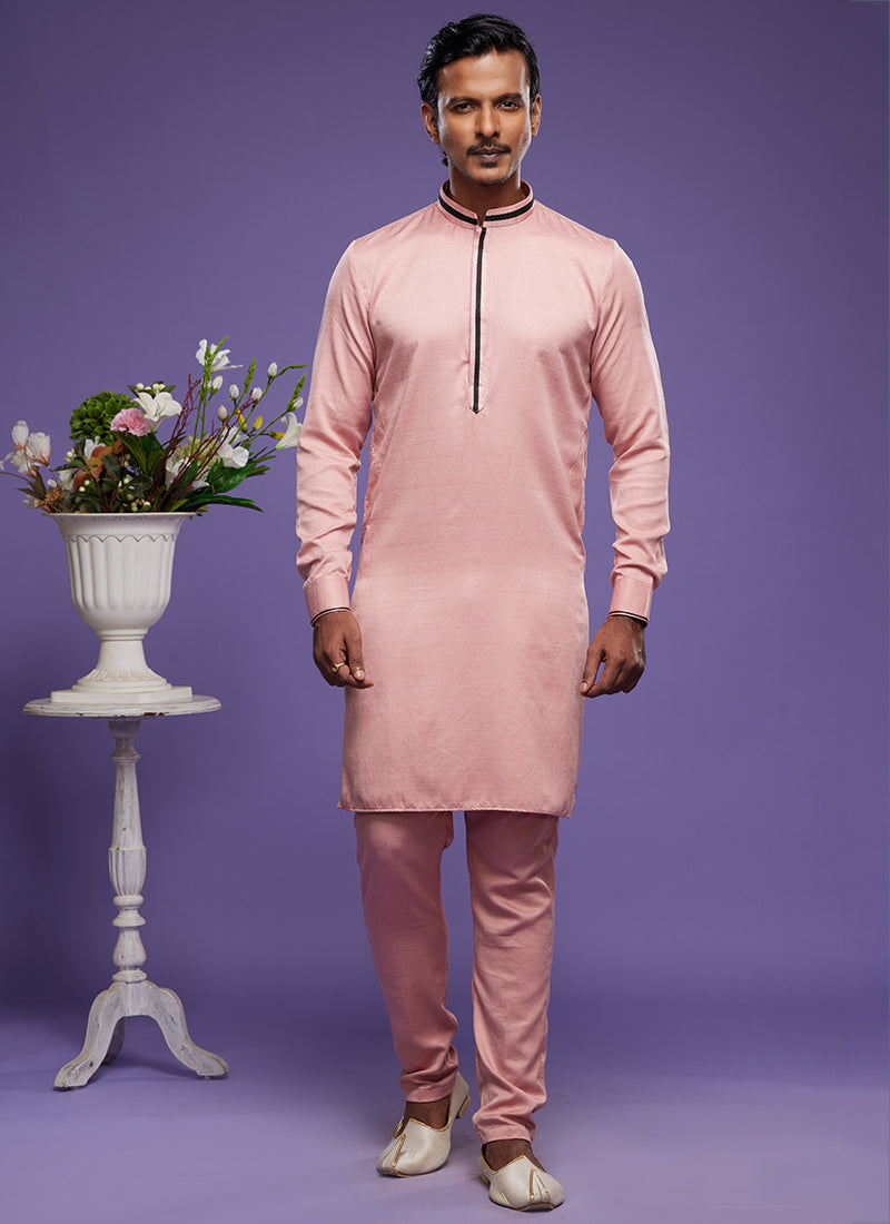 Pink Art Banarasi Silk Tradional Wear Thread Work Kurta Pajama 325877