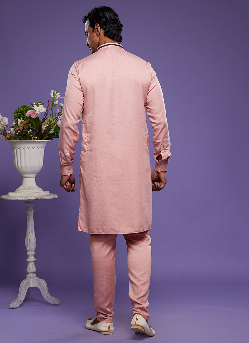 Pink Art Banarasi Silk Tradional Wear Thread Work Kurta Pajama 325877