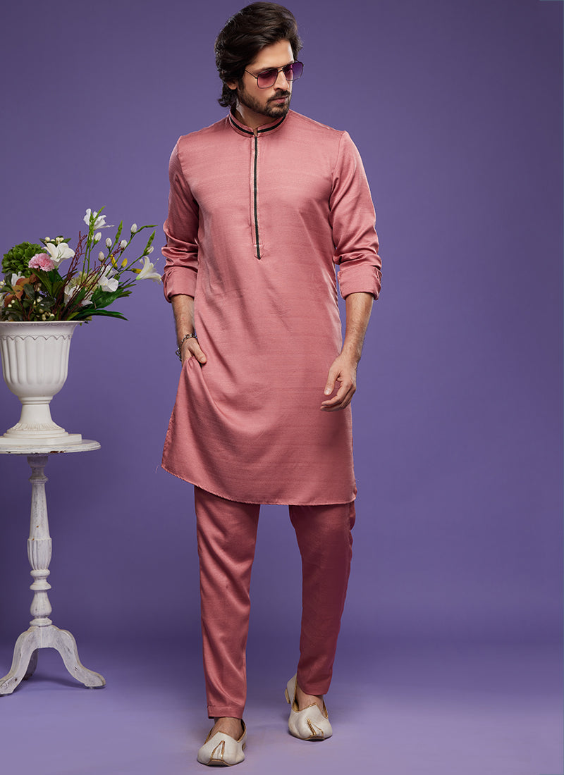 Pink Art Banarasi Silk Tradional Wear Thread Work Kurta Pajama 325878