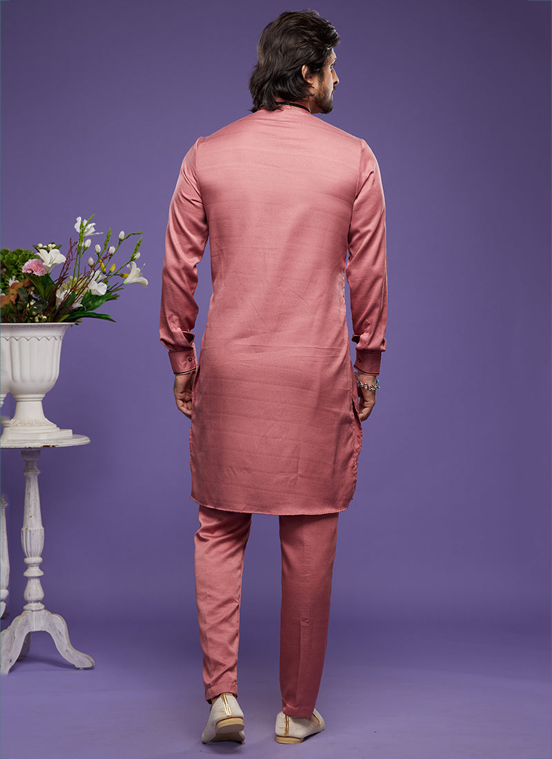 Pink Art Banarasi Silk Tradional Wear Thread Work Kurta Pajama 325878