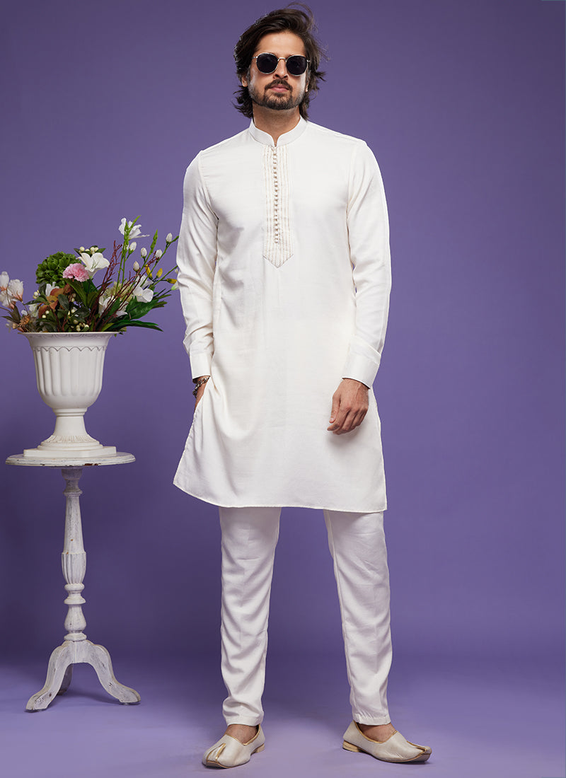 Cream Art Banarasi Silk Tradional Wear Thread Work Kurta Pajama 325879