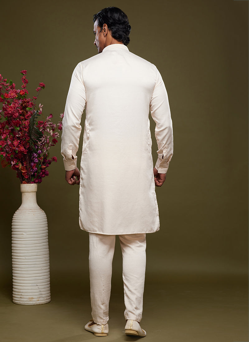 Cream Art Banarasi Silk Tradional Wear Thread Work Kurta Pajama 325880