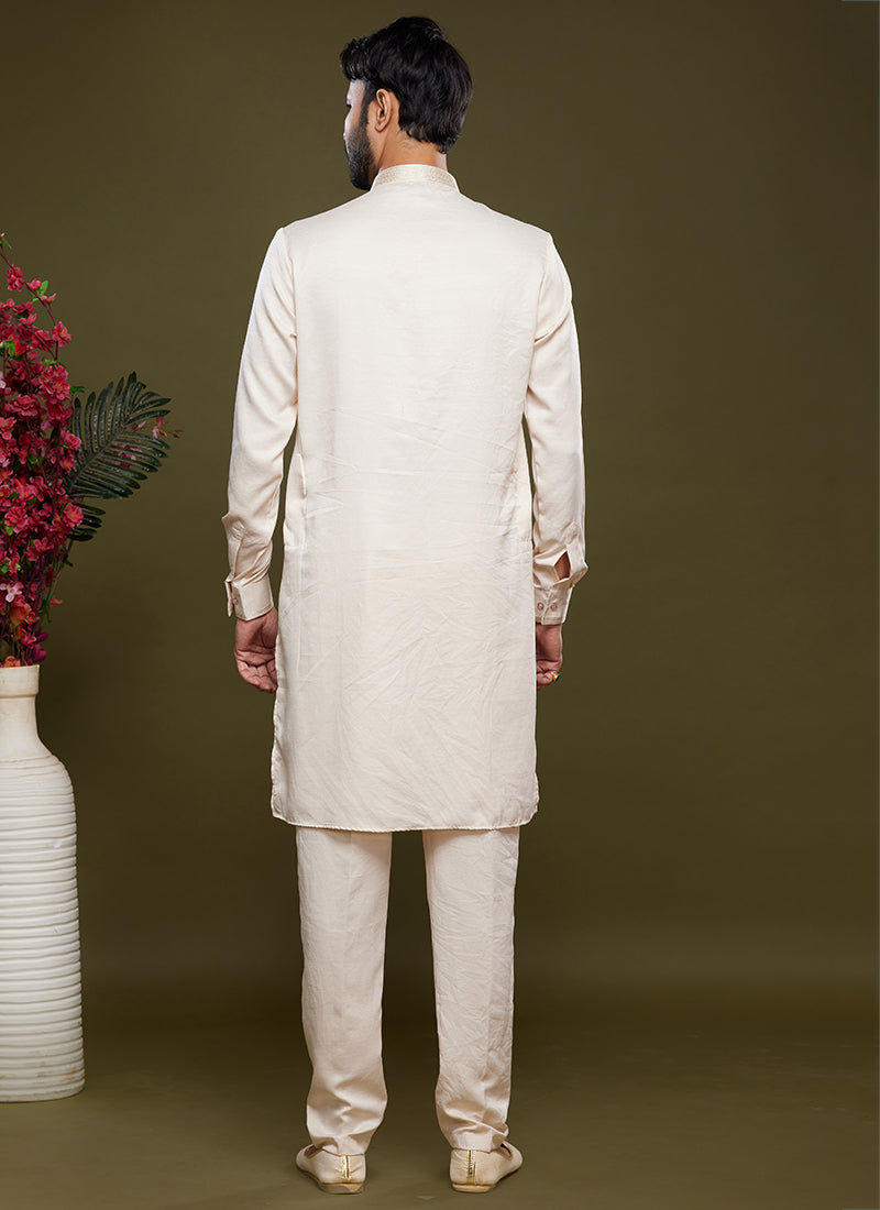 Cream Art Banarasi Silk Tradional Wear Thread Work Kurta Pajama 325881