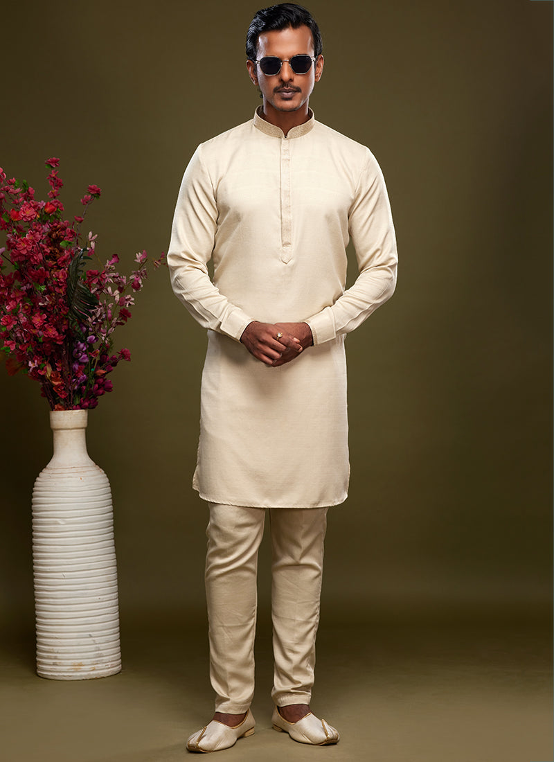 Cream Art Banarasi Silk Tradional Wear Thread Work Kurta Pajama 325882