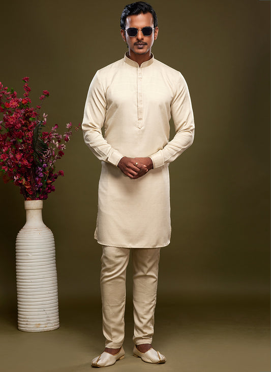 Cream Art Banarasi Silk Tradional Wear Thread Work Kurta Pajama 325882