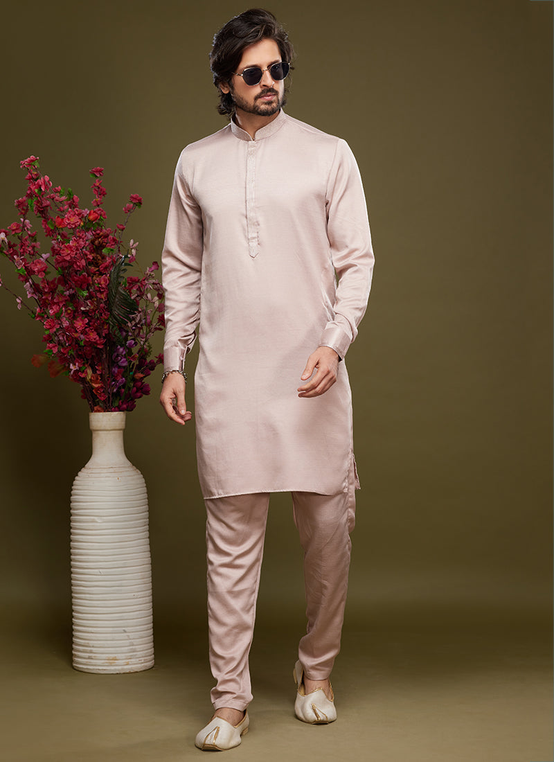 Peach Art Banarasi Silk Tradional Wear Thread Work Kurta Pajama 325883