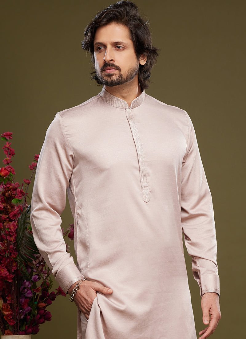 Peach Art Banarasi Silk Tradional Wear Thread Work Kurta Pajama 325883