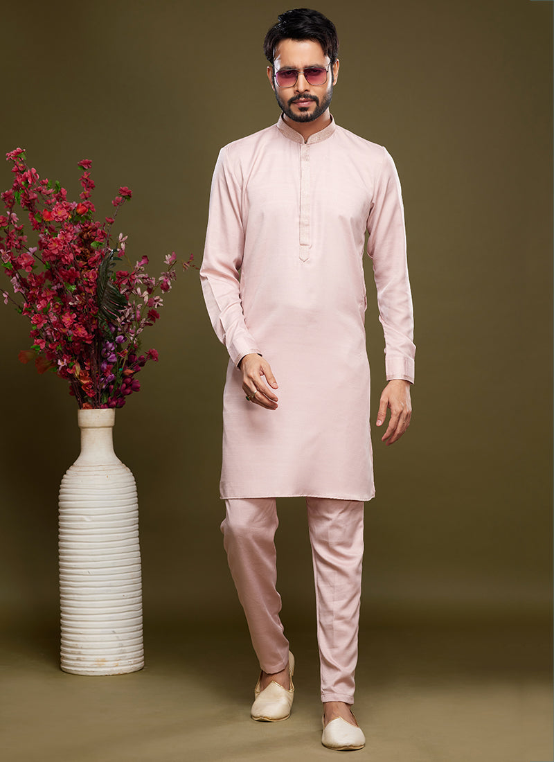 Pink Art Banarasi Silk Tradional Wear Thread Work Kurta Pajama 325884
