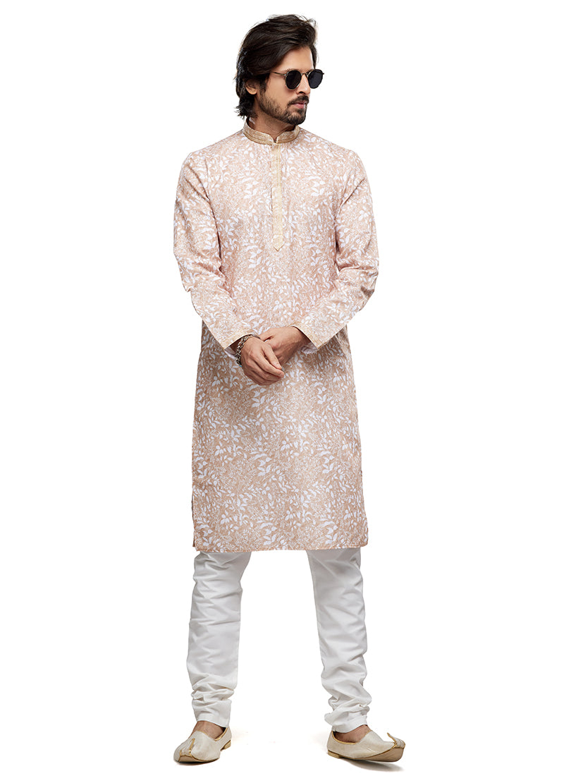 Light Peach Cotton Party Wear Thread Work Readymade Mens Kurta Pajama 338248
