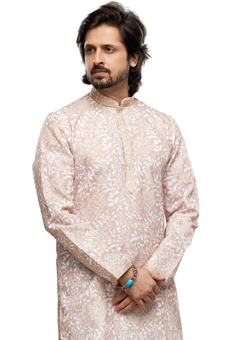 Light Peach Cotton Party Wear Thread Work Readymade Mens Kurta Pajama 338248