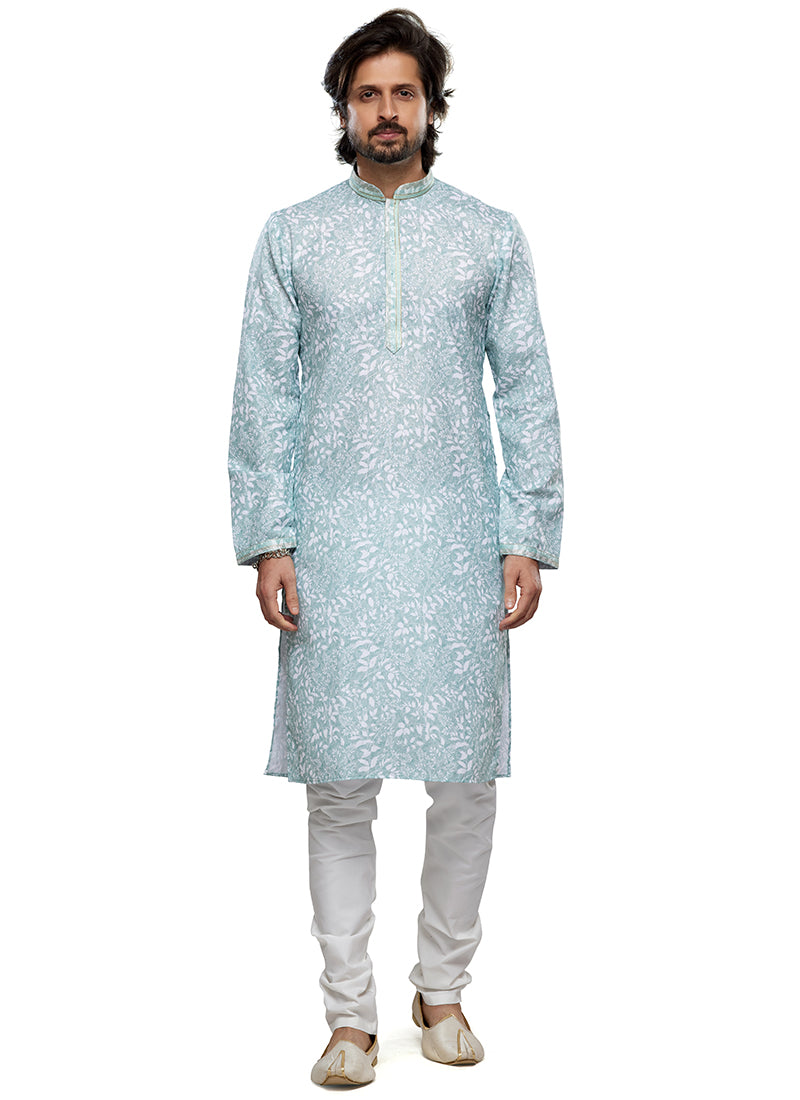 Sky Blue Cotton Party Wear Thread Work Readymade Mens Kurta Pajama 338249