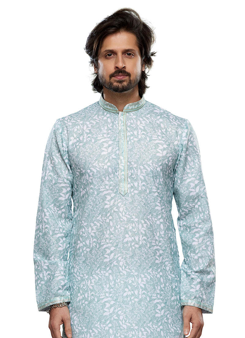 Sky Blue Cotton Party Wear Thread Work Readymade Mens Kurta Pajama 338249