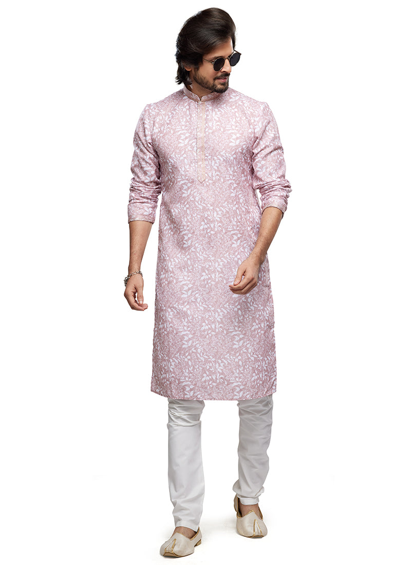 Pink Cotton Party Wear Thread Work Readymade Mens Kurta Pajama 338250