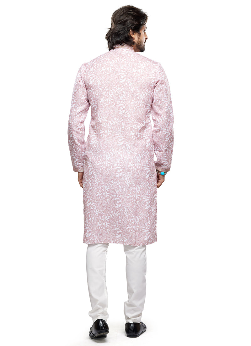 Pink Cotton Party Wear Thread Work Readymade Mens Kurta Pajama 338250