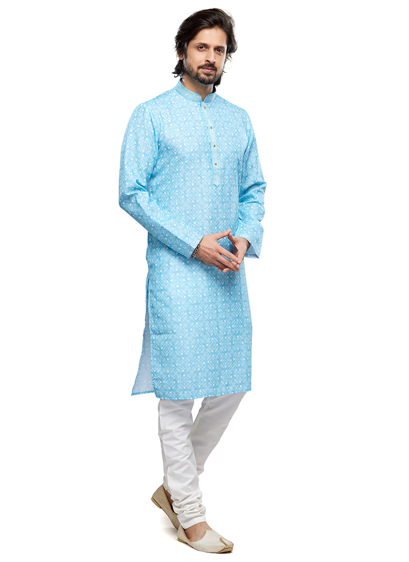 Sky Blue Cotton Party Wear Thread Work Readymade Mens Kurta Pajama 338252