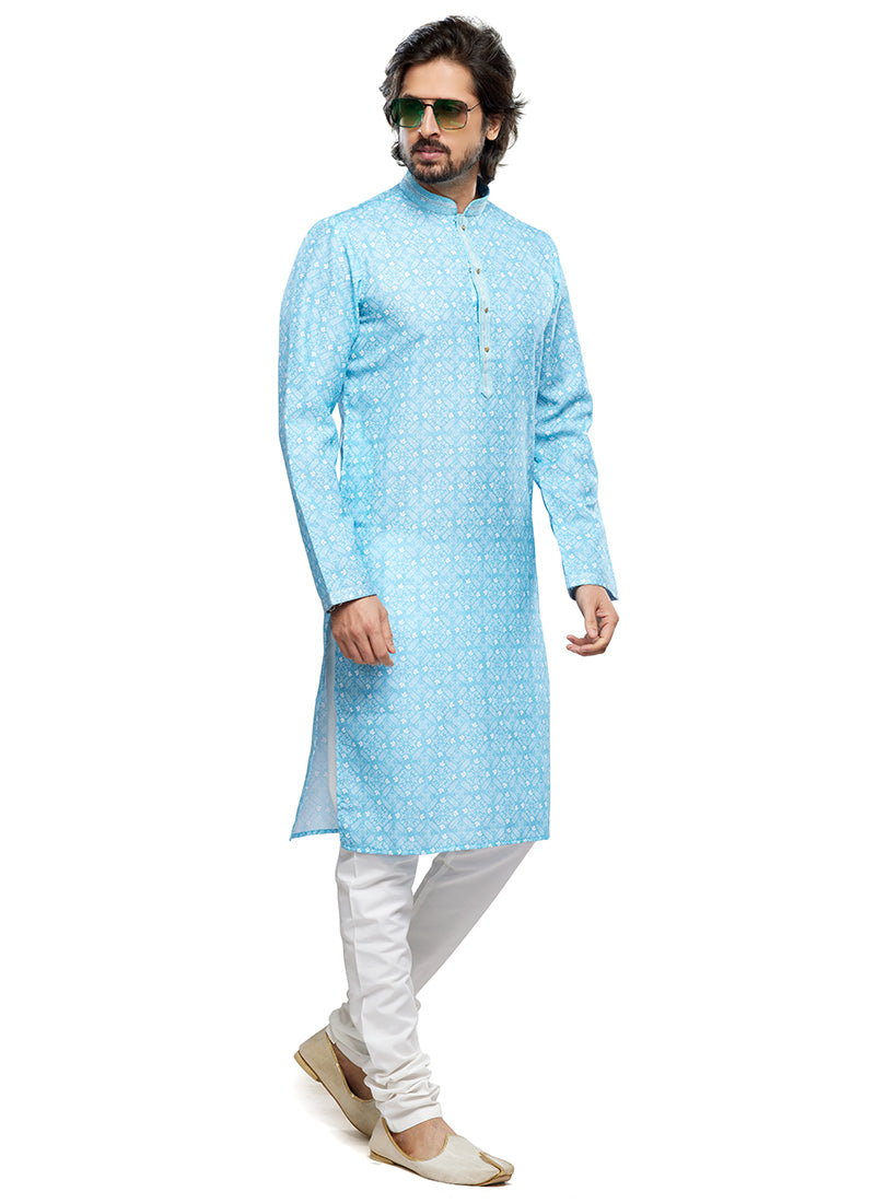 Sky Blue Cotton Party Wear Thread Work Readymade Mens Kurta Pajama 338252