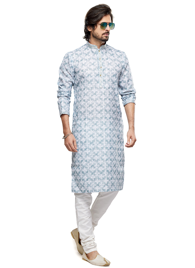 Sky Blue Cotton Party Wear Thread Work Readymade Mens Kurta Pajama 338254