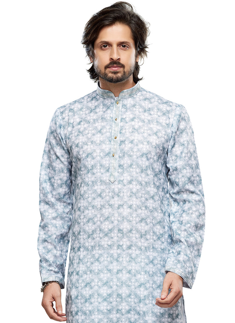 Sky Blue Cotton Party Wear Thread Work Readymade Mens Kurta Pajama 338254