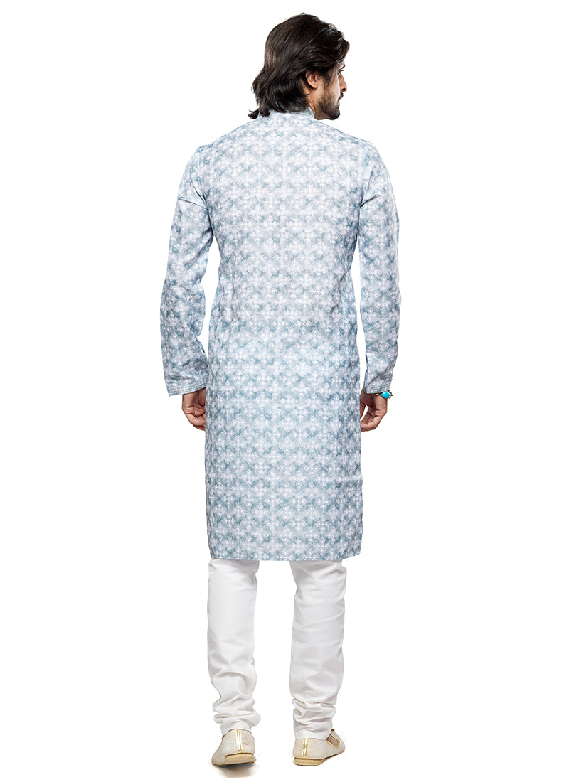 Sky Blue Cotton Party Wear Thread Work Readymade Mens Kurta Pajama 338254