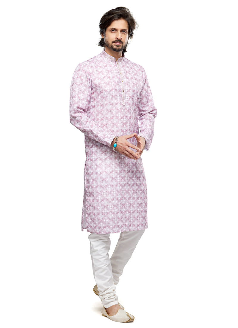 Light Pink Cotton Party Wear Thread Work Readymade Mens Kurta Pajama 338255