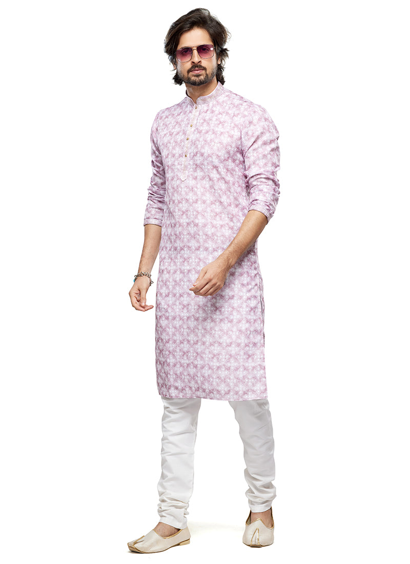 Light Pink Cotton Party Wear Thread Work Readymade Mens Kurta Pajama 338255