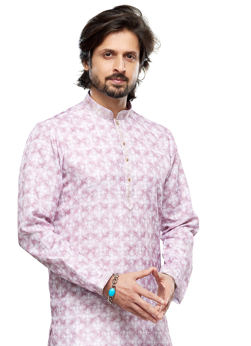 Light Pink Cotton Party Wear Thread Work Readymade Mens Kurta Pajama 338255